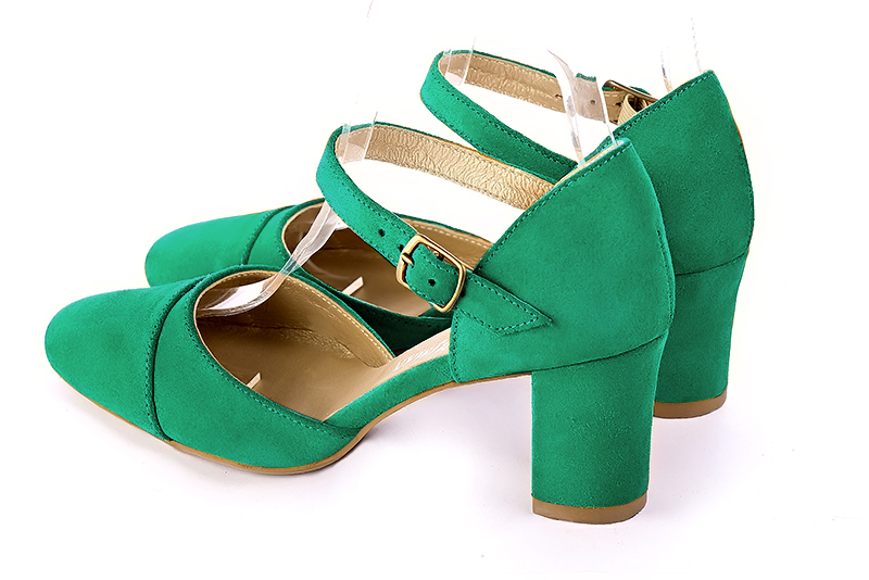 Emerald green women's open side shoes, with an instep strap. Round toe. Medium block heels. Rear view - Florence KOOIJMAN